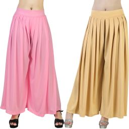 Pack of 2 Women Flared Pink, Gold Lycra Blend Trousers-image-3