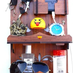 ™ 812 Mobile Charging Wall Mounted Stand with Key & Cloth Hanger Watch Wallet Showpiece Storage Self Wooden Handcrafted Home & office decoration Wooden Wall Shelf-4