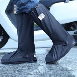 Waterproof Zip-up Calf-length Shoe Covers with Elastic Strap Wear-resistant PVC Plastic Black High Ankle Shoe Cover-image-7