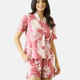 Women Top & Shorts Set Pink, White Printed-image-2