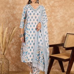 Women Pure Cotton Kurta Salwar Dupatta Set-image-1
