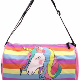 5 L Gym Duffel Bag - Pink Striped Unicorn Printed Travel Round Duffle Gym Bag with Shoe Compartment - Pink-image-6