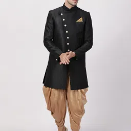 VM VM by Vastramay Men's Black Silk Blend Sherwani Set Solid Sherwani-12