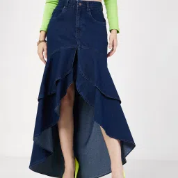 Women Solid A-line Dark Blue Skirt-image-4