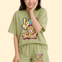 Women Top & Shorts Set Light Green Graphic Print-image-78