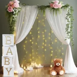 flipzone Solid White Net Decoration curtain cloth Backdrop And Led Fairy Lights leaff Set of 8 Balloon image 3