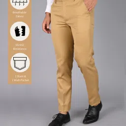 Men Regular Fit Khaki Cotton Blend Trousers-image-75