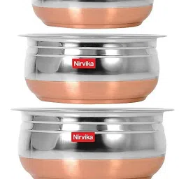 stainless steel Handi Set Urli Everyday Use Whether you want to cook a delicious serving of your favourite sabzi or heat leftover curries from the previous day, the 5-piece copper handi set, Prabhu Chetty, Curved Copper Plate at Bottom, Best Quality Stainless Steel Copper Bottom 5 Pic Handi Pot Set, Brown & Steel, 5 Pic Handi Copper Vegetable Bowl ,Cooking Dinner Table Serving Biryani Pot Handi Kadhai , Panikarilikka Steel Handi 5 Pices Sets Handi 400 ML, 650 ML, 850 ML,1200 ML,1600 ML Dish Serving Set-52