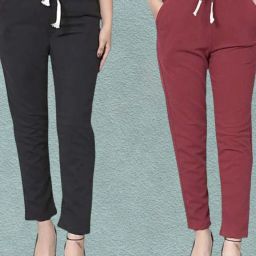 Pack of 2 Women Regular Fit Black, Red Pure Cotton Trousers-image-48