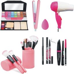 Makeup Kit , 12 Brush Pink , Dryer , Straightener , Puff , Kajal, Eyeliner, 3in1-11