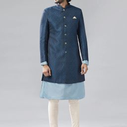 Kisah Kisah Men Blue Kurta Sherwani Churidar Set Self Design Sherwani-image-1
