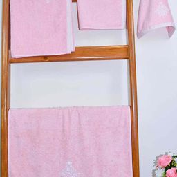 RANGOLI Pink Set Of 4 Embroidered 600GSM Organic Royal Bamboo Towel Set-35