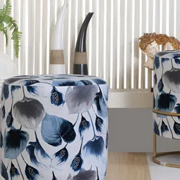 Shadowkart White & Blue Floral Printed Wooden Pouffes Sitting Mudda Ottomans-image-47