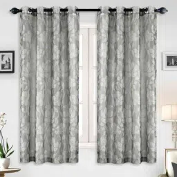 deco window Grey Floral Polyester 5 Ft Sheer Eyelet Window Curtains (Set of 2)-picture-3