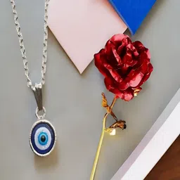 UNIVERSITY TRENDZ Red & Grey Pendant Chain & Rose Combo Set image 2