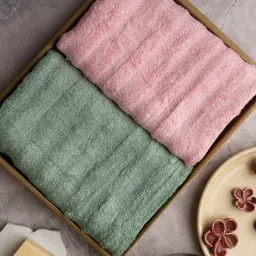 MUSH Set Of 2 Pink & Green Solid 300 GSM Ultra Soft & Eco Friendly Bamboo Hand Towel-27