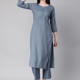 Saanjh Grey Striped Straight Kurta with Trousers-image-80