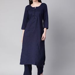 Saanjh Navy Blue Striped Straight Kurta with Trousers-43