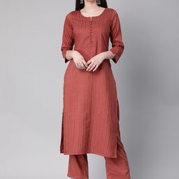 Saanjh Rust Striped Straight Kurta with Trousers-image-14