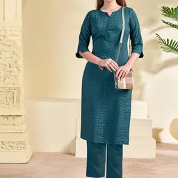 KALINI Round Neck Striped Regular Thread Work Kurta with Palazzos-picture-0