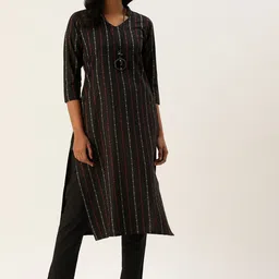 KALINI Geometric Embroidered Straight Kurta with Trousers-image-3