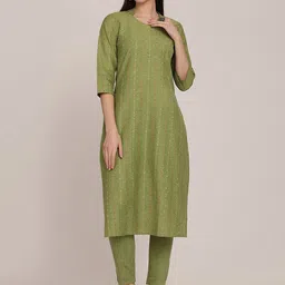 KALINI Geometric Woven Design Mandarin Collar Straight Kurta With Trouser-image-0