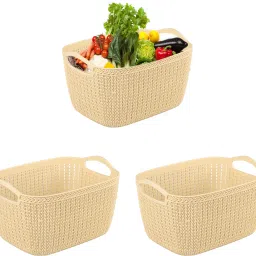 Plastic Pack of 3 Multi-Purpose Plastic Basket for Storage Q6 | (10 LTR) Cream Storage Basket-image-3