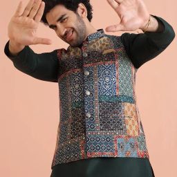 kisah Men's Ethnic Wear Regular Fit Printed Cotton Blend Multi-Maroon Nehru Jacket image 2