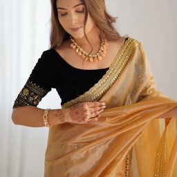 siril Women's Shimmer Net Saree | Sequence Embroidery Saree With Unstitched Blouse Piece image 3