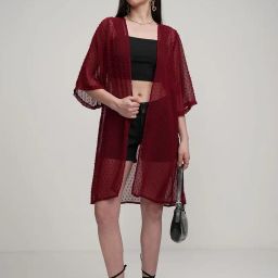 tokyo talkies Self-Design Longline Open Front Shrug | Flared 3/4 Sleeves | Elegant & Lightweight Layering Piece for Casual & Formal Looks | Women Shrugs | Shrugs for women image 1