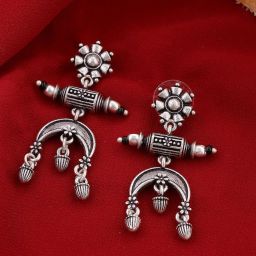 voylla Oxidised Silver Plating Brass Floral Motifs Dangler Earrings for Women and Girls, Boho/Tribal Style image 1