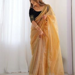 siril Women's Shimmer Net Saree | Sequence Embroidery Saree With Unstitched Blouse Piece image 1