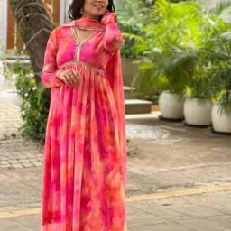 royal export Women's Georgette Yoke Design Printed Flared Gown with Dupatta image 3