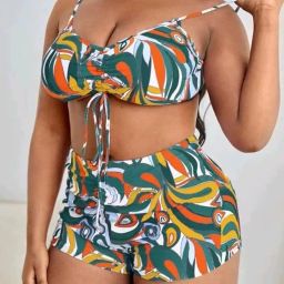 plus curvves Plus Size 3-Piece Tropical Print Drawstring Bikini Set with Matching Cover-Up - XL - 8XL image 2