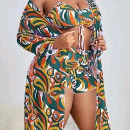 plus curvves Plus Size 3-Piece Tropical Print Drawstring Bikini Set with Matching Cover-Up - XL - 8XL image 1