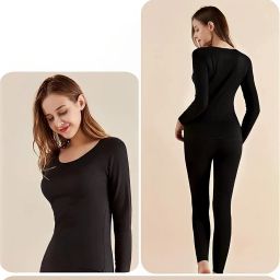 tlismi Women’s Ultra Soft Fabric Thermal Innerwear Set Comfy Solid Colored Warm Fleece Lined Base Layer Round Neck Long Sleeved Top & Stretchable Legging Set image 2