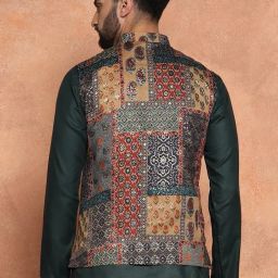 kisah Men's Ethnic Wear Regular Fit Printed Cotton Blend Multi-Maroon Nehru Jacket image 5