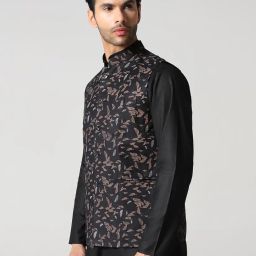 tahvo Men's Black Nehru Waistcoat with Leaf Print Pattern, Button Front Closure image 1