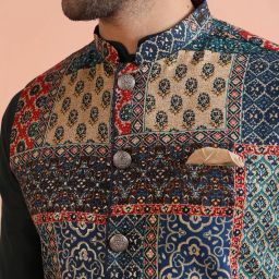 kisah Men's Ethnic Wear Regular Fit Printed Cotton Blend Multi-Maroon Nehru Jacket image 1