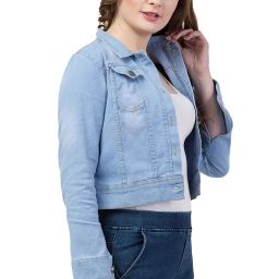 funday fashion Women's Solid Regular Jacket (IN, Alpha, S, Regular, Light Blue) |Material: Denim Blend image 3