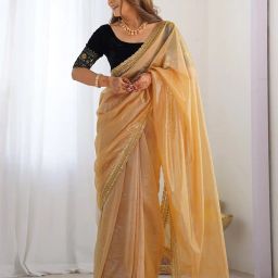 siril Women's Shimmer Net Sequence Embroidery Lace Saree for With Unstitched Blouse Piece image 2