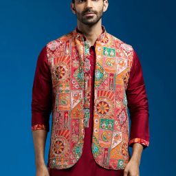 vastramay Men's Nehru Jacket | Allover Printed Embroidered Sequiend Nehru Jacket For Men. image 1