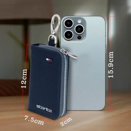 storite PU Leather Large Key Case Pouch Wallet Key Chain Key Holder Ring with 6 Key Hooks,1 IC Key Ring, Metal Buckle with Zipper Closure (7.5X2X12 CM - Blue) image 1