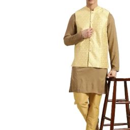 sojanya (Since 1958, Men's Silk Blend Mustard & Gold Self Design ONLY NehruJacket image 5