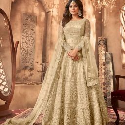 divine international trading co Women's Net Semi Stitched Gown Top With Satin Silk Fabric Bottom & Net Dupatta Embroidered Anarkali Dress image 3
