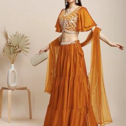 madhuram textiles womens' Lehenga And Aliyacut Choli Vichitra Silk With Dupatta Net With Embroidery Work Set(M-2488 Orange) image 2