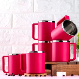 Pack of 6 Stainless Steel, Plastic Premium Quality Matt-Finished Double-Walled Tea, Coffee,-14