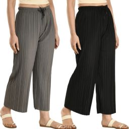 Women Relaxed Black, Grey Lycra Blend Trousers-image-2