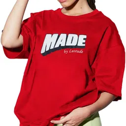 leotude Women Printed Round Neck Cotton Blend Red T-Shirt-picture-1