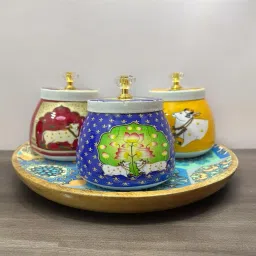 Pichwai Jars with serving tray Container, Tray Serving Set-10